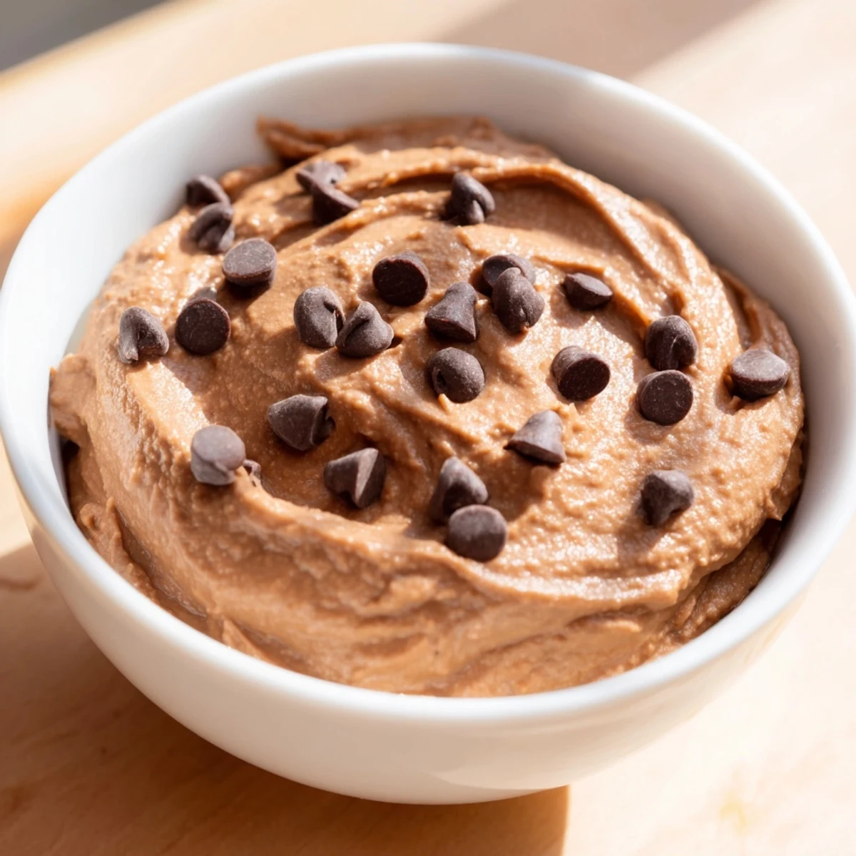 A vibrant close-up shows the delightful texture of homemade chocolate hummus, perfect for snacking.