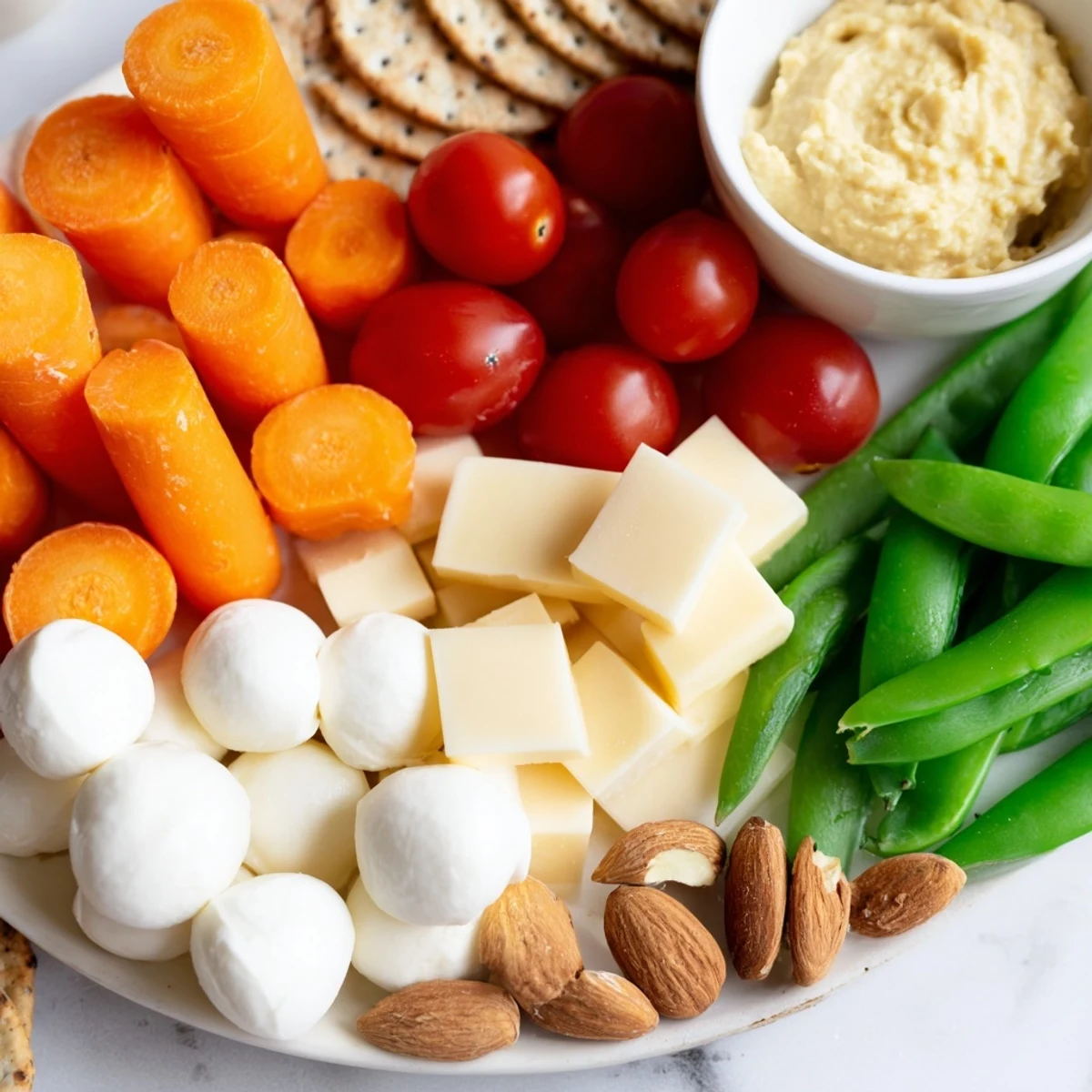 Colorful Veggie Snack Board – Adult Lunchable, featuring crunchy crackers, fresh veggies, and creamy dips.