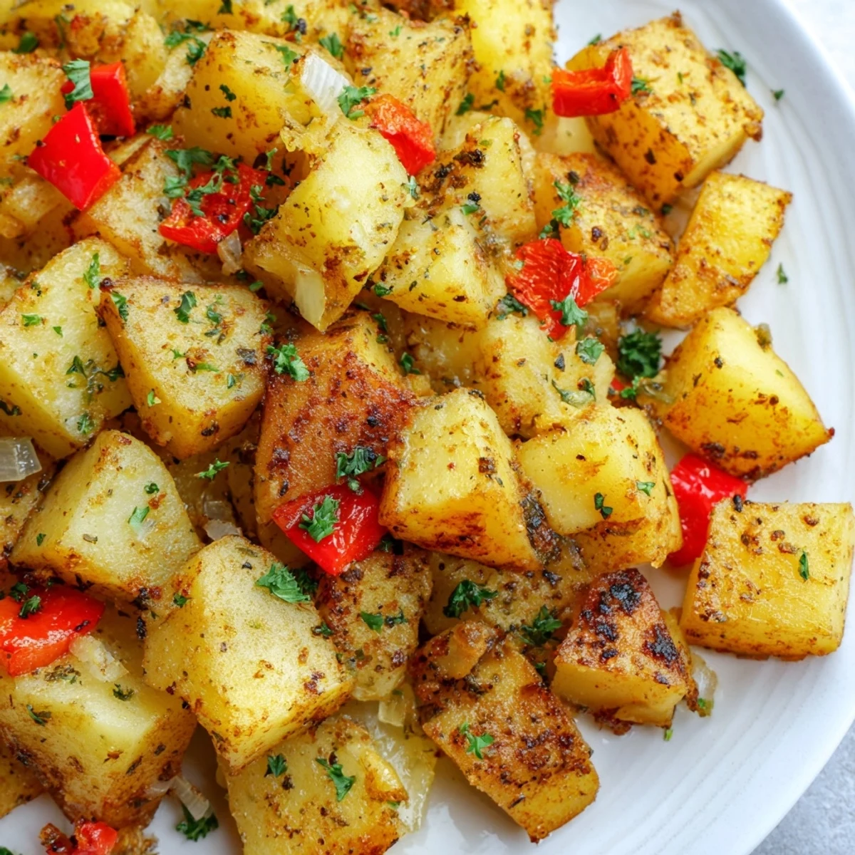 Golden brown Air Fryer Breakfast Potatoes, sizzling in a basket, are perfect alongside sunny-side-up eggs.