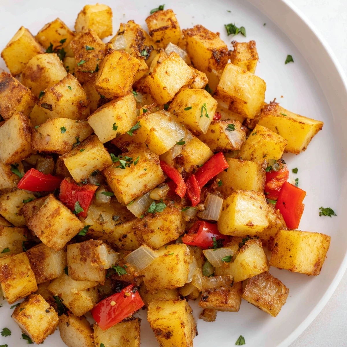Crispy-edged Air Fryer Breakfast Potatoes with vibrant red bell pepper chunks and fresh parsley garnish offer great flavor.