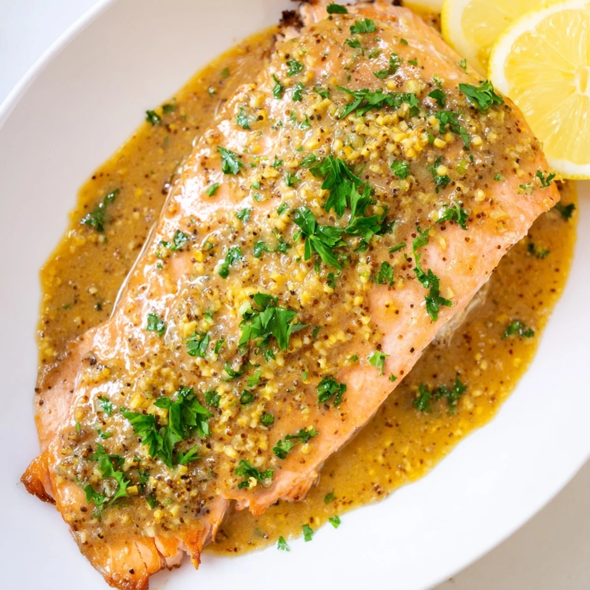 Golden-brown honey mustard salmon glistening, served with fresh parsley and lemon wedges for a flavorful meal.