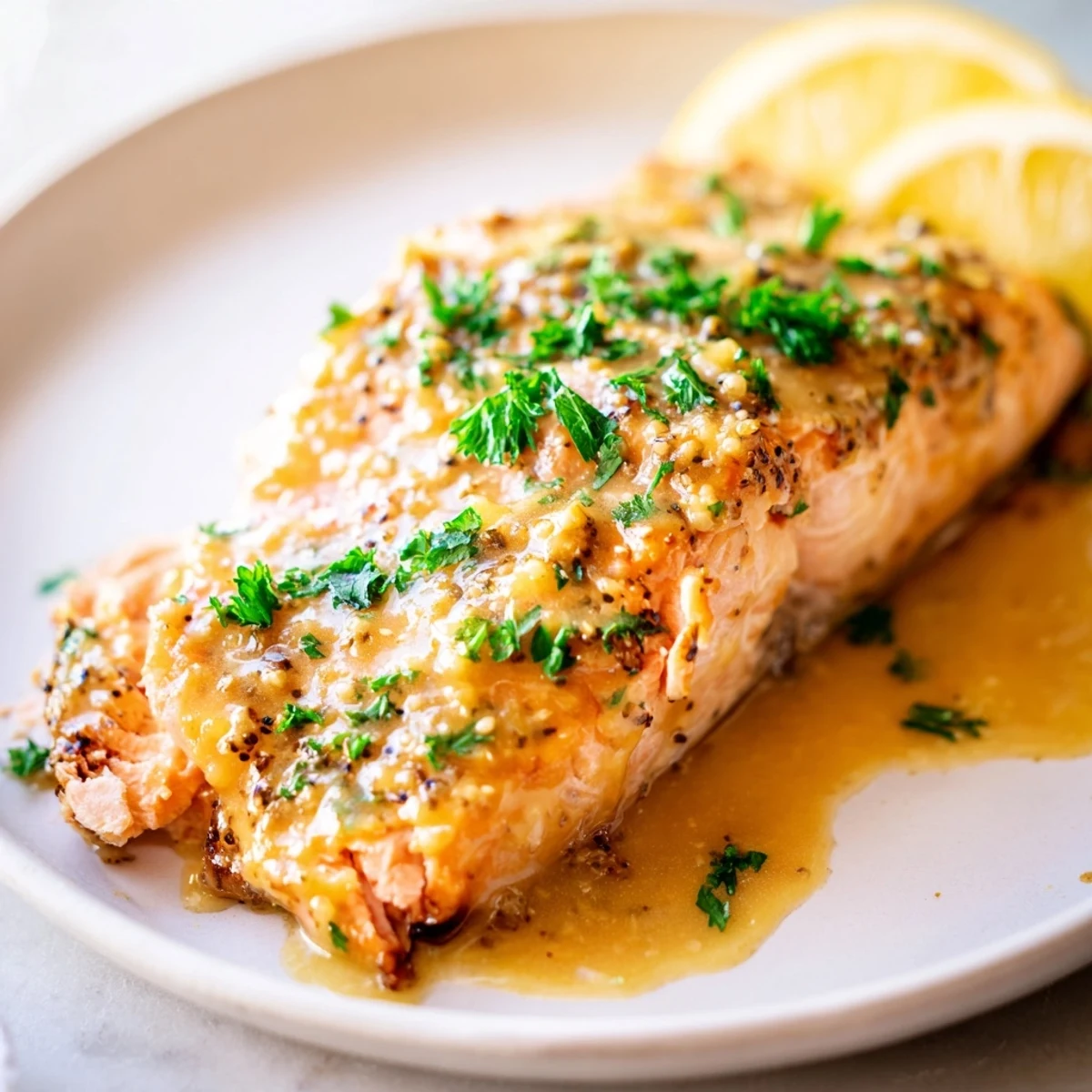 Oven-baked honey mustard salmon: tender salmon fillets coated in a rich, sweet and savory sauce, ready to eat.