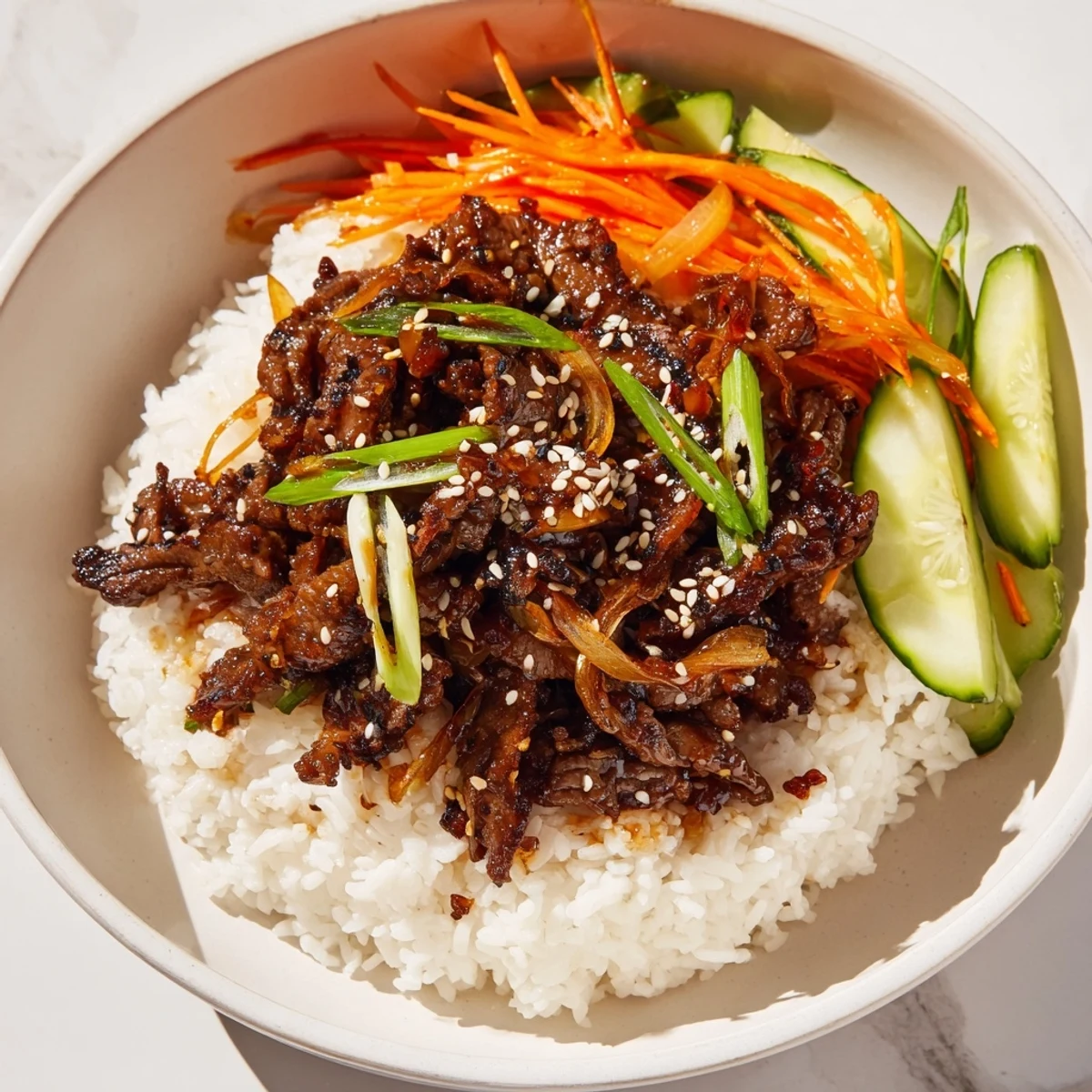 Tender bulgogi beef bowl with glistening marinated beef, colorful veggies, and fluffy white rice.