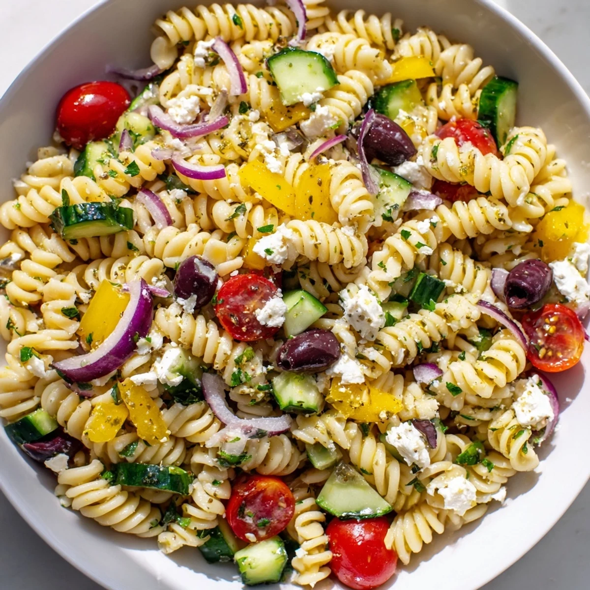 Bright, colorful close-up of a refreshing Lemon Pasta Salad, ready for a picnic meal.