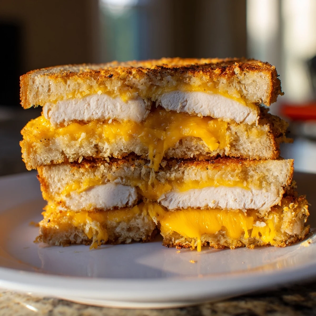 Golden, crispy, panko pork chop grilled cheese, oozing with melted cheddar, ready to eat.