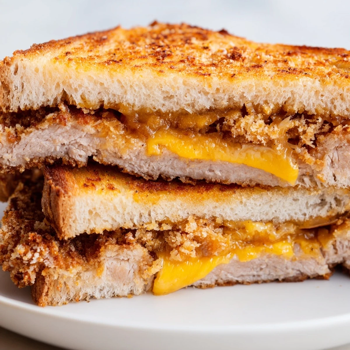 A close-up shot of the savory crispy panko pork chop grilled cheese oozing cheese and deliciousness.