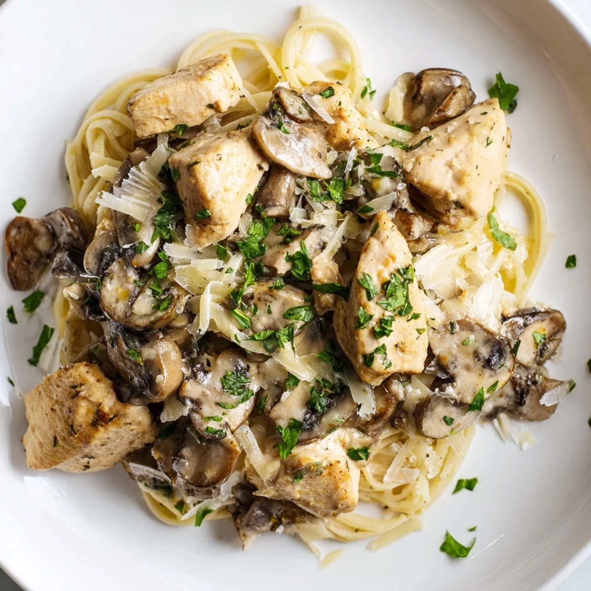 A close-up of creamy mushroom chicken pasta shows the glistening sauce coating each pasta strand.