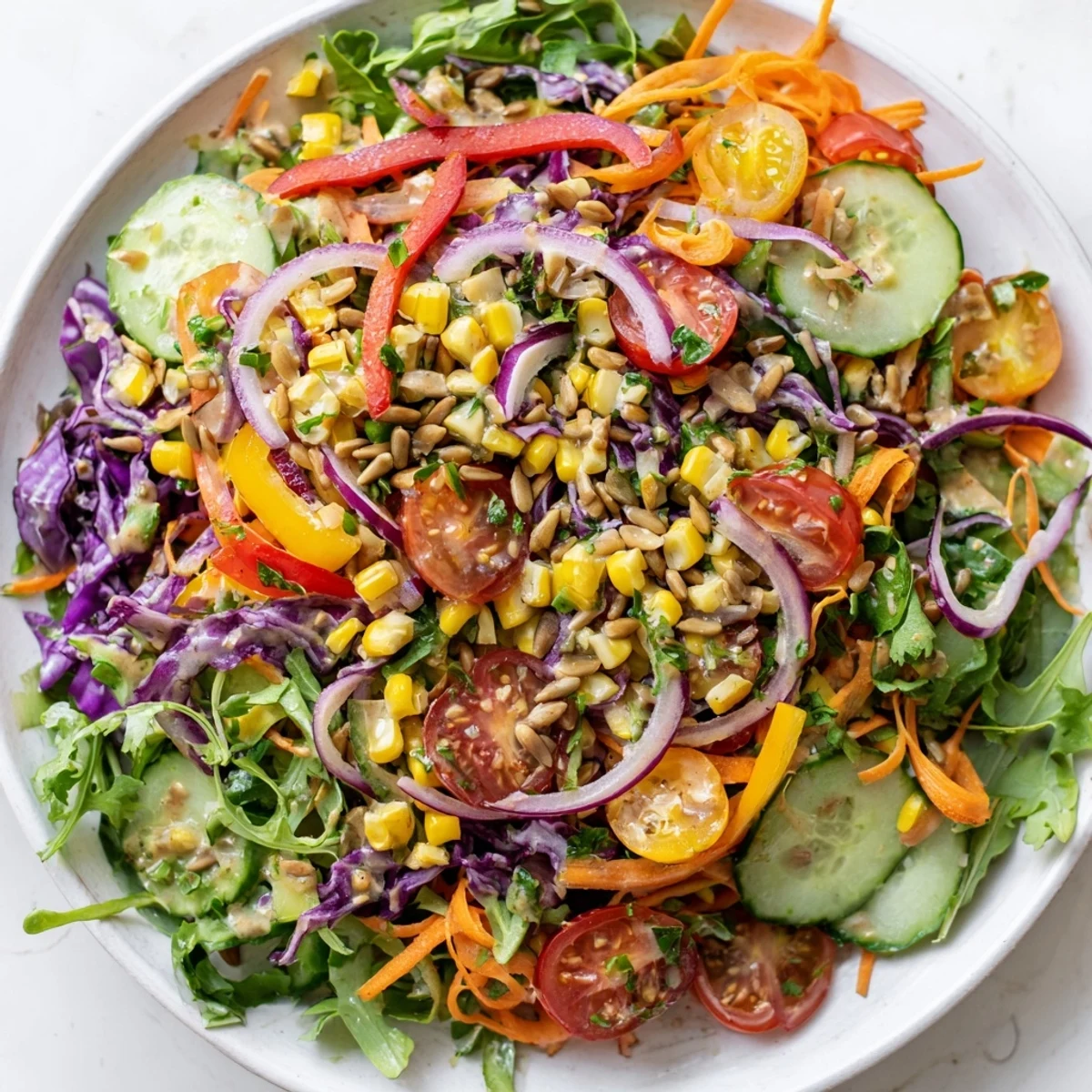 Crisp, refreshing rainbow salad showcases a delightful array of colorful vegetables, perfect for a light meal.