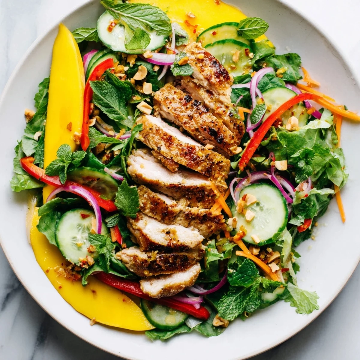 Thai Mango Chicken Salad: a flavorful, colorful plate of sliced chicken and mango.
