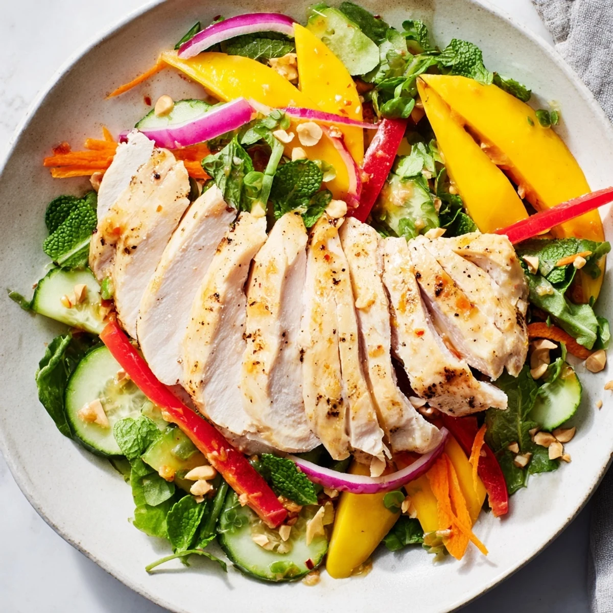 Fresh Thai Mango Chicken Salad, the aromatic cilantro and mint adding a vibrant touch.