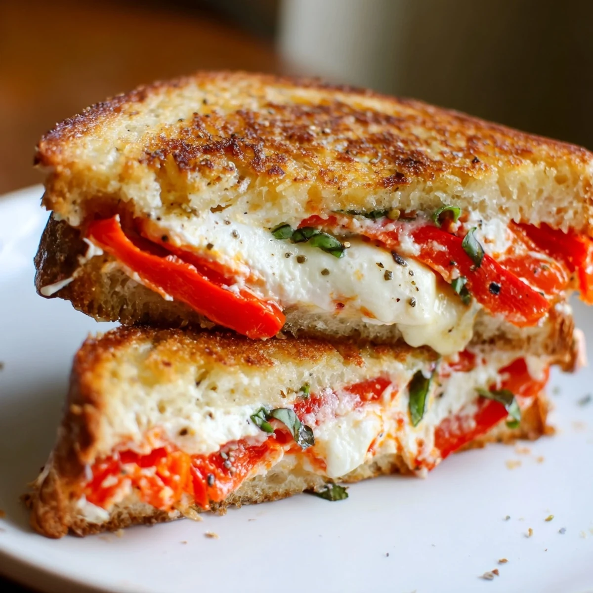 Golden-brown roasted red pepper grilled cheese, with melty cheese and peppers spilling out.