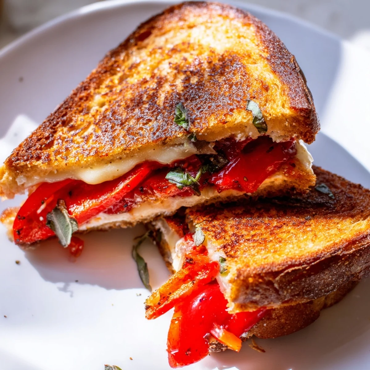Slices of perfectly grilled roasted red pepper grilled cheese, served with a fresh salad for lunch.