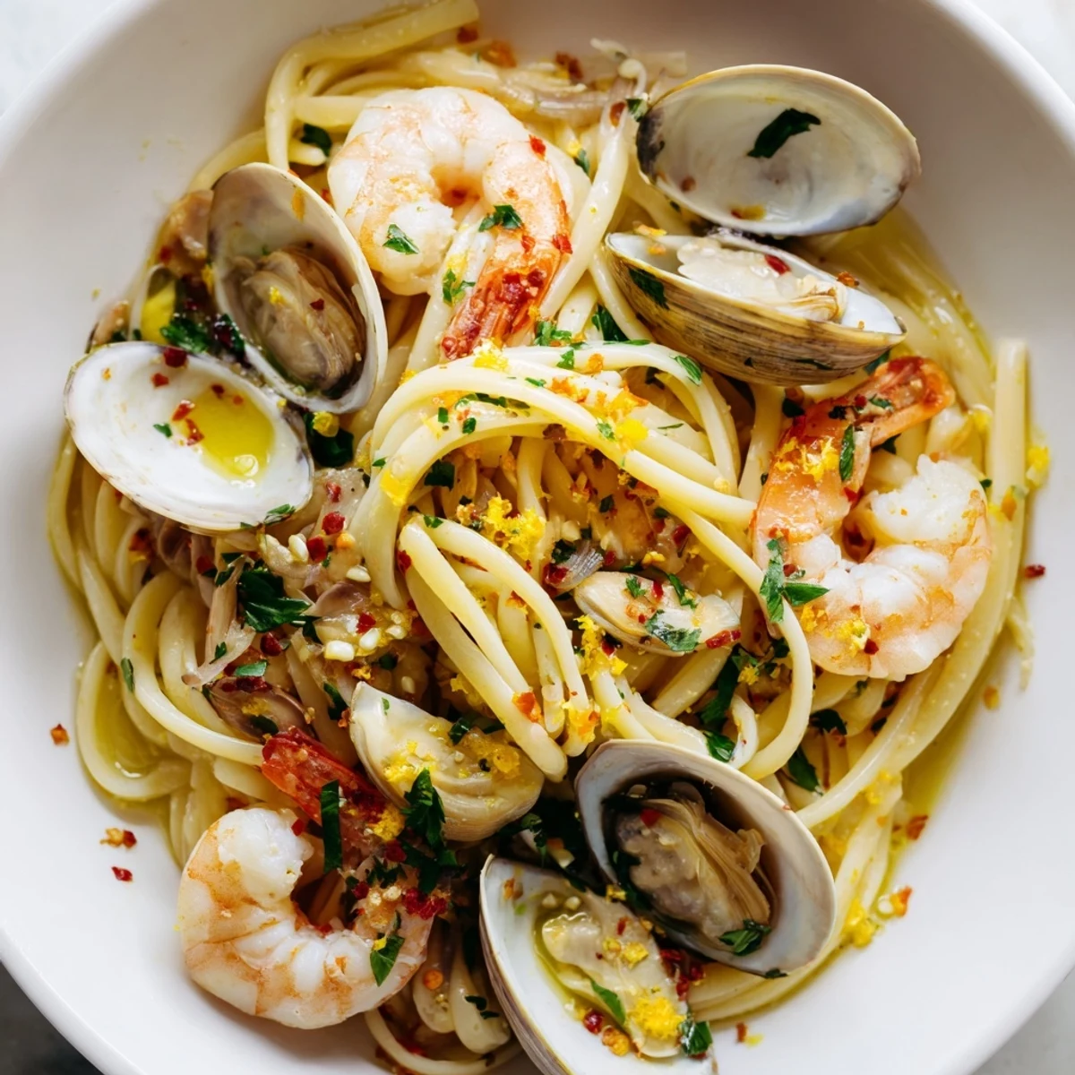 Steaming Seafood Pasta Aglio e Olio with plump shrimp and clams, ready to be served.