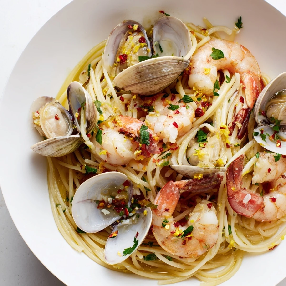 Golden garlic oil coats the al dente spaghetti in this Seafood Pasta Aglio e Olio dish.