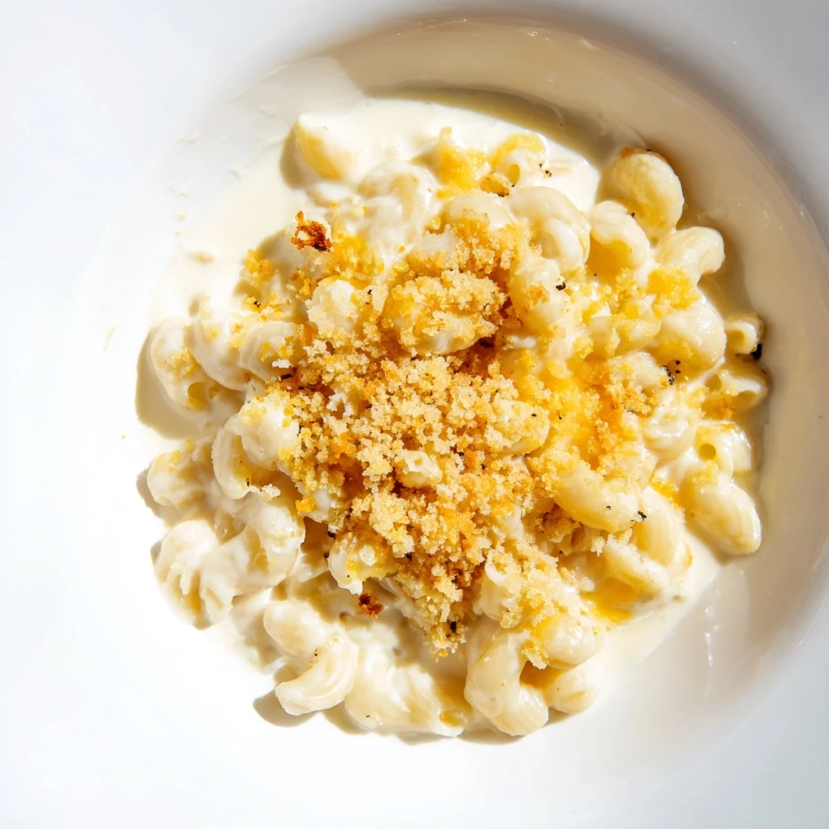 Golden brown baked mac and cheese, bubbly from the oven, ready to serve with a creamy texture.