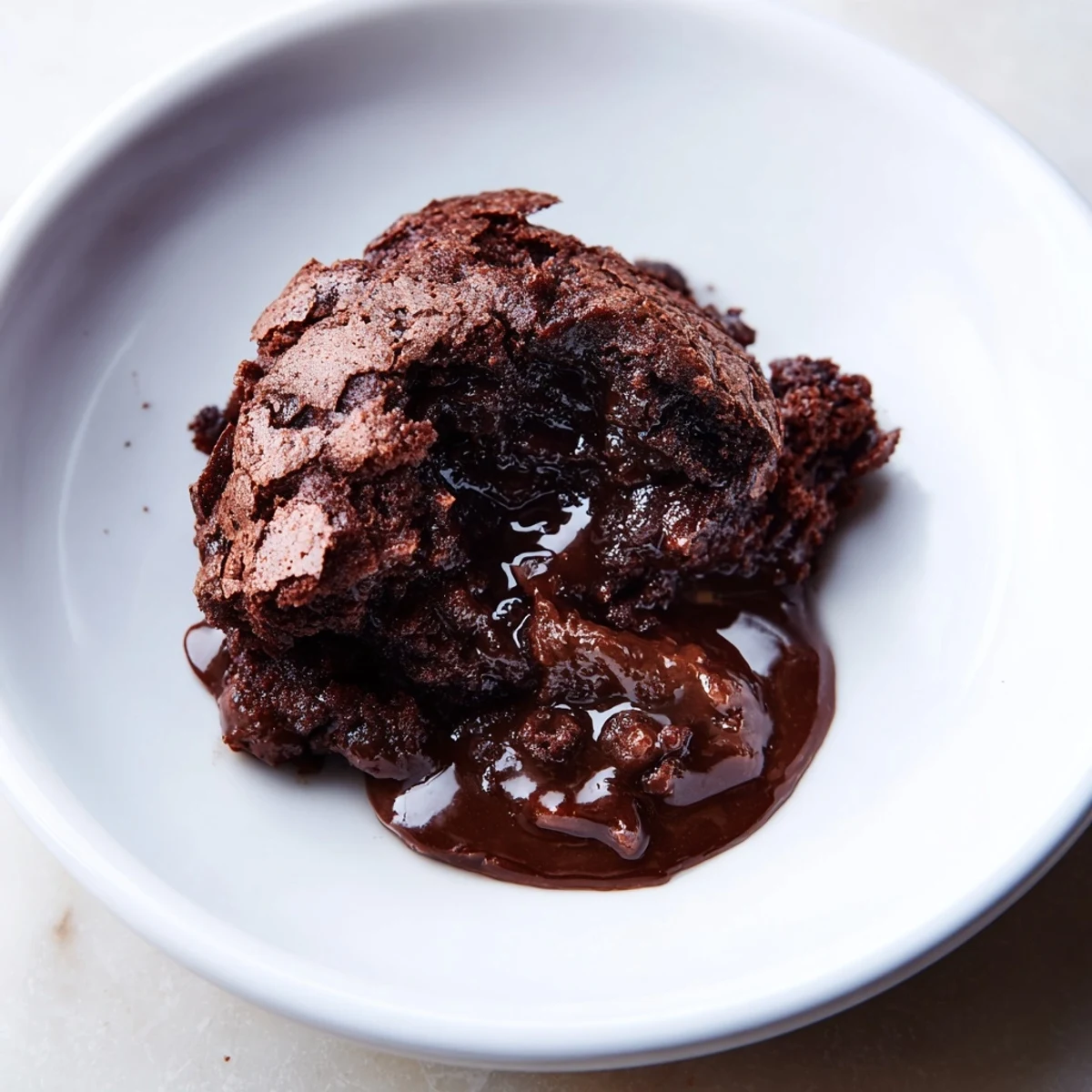 A close-up shot of rich Ina Garten Brownie Pudding with a gooey, molten chocolate center.