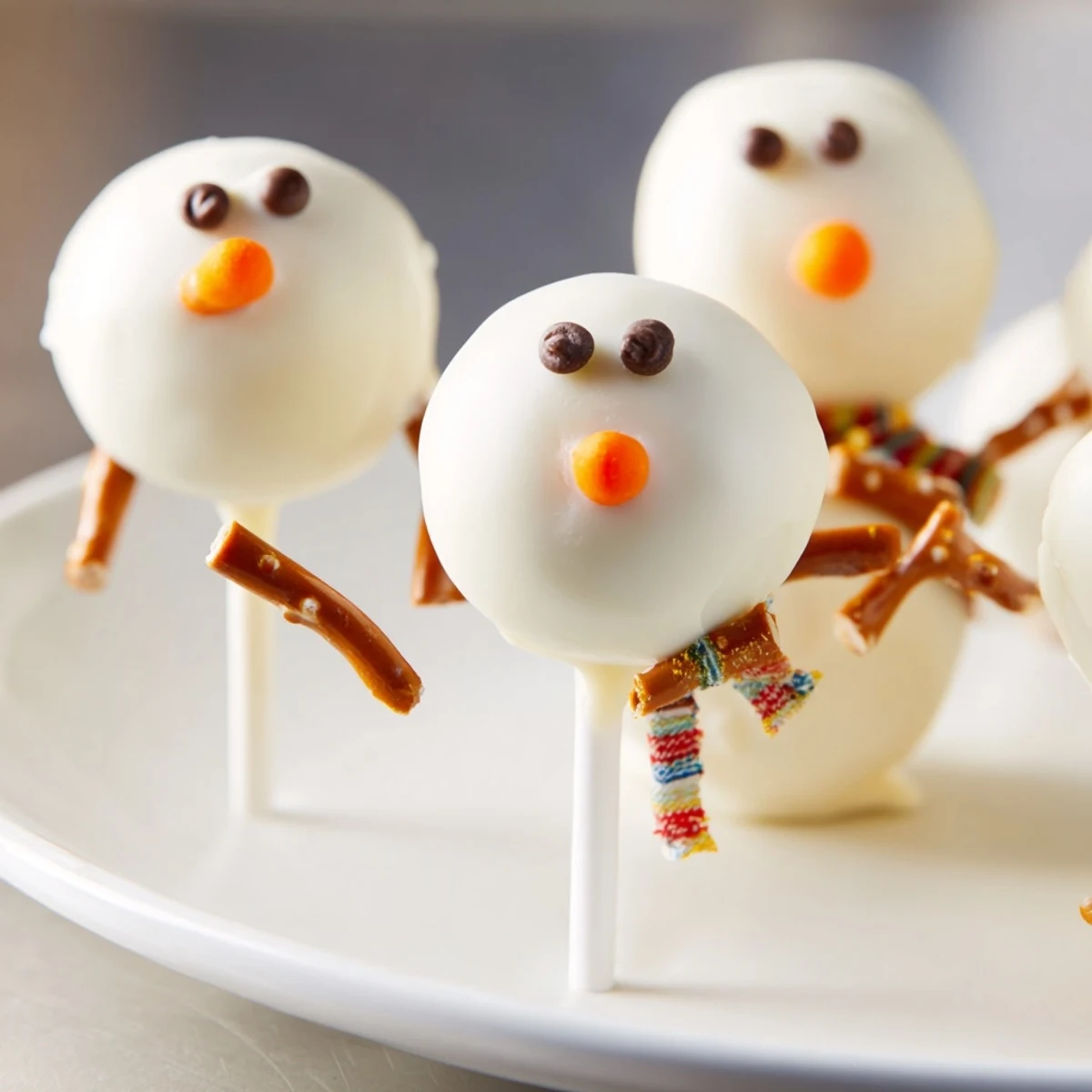 Homemade Oreo Snowman Cake Pops, with pretzel arms, a fun, easy, and sweet treat to enjoy.