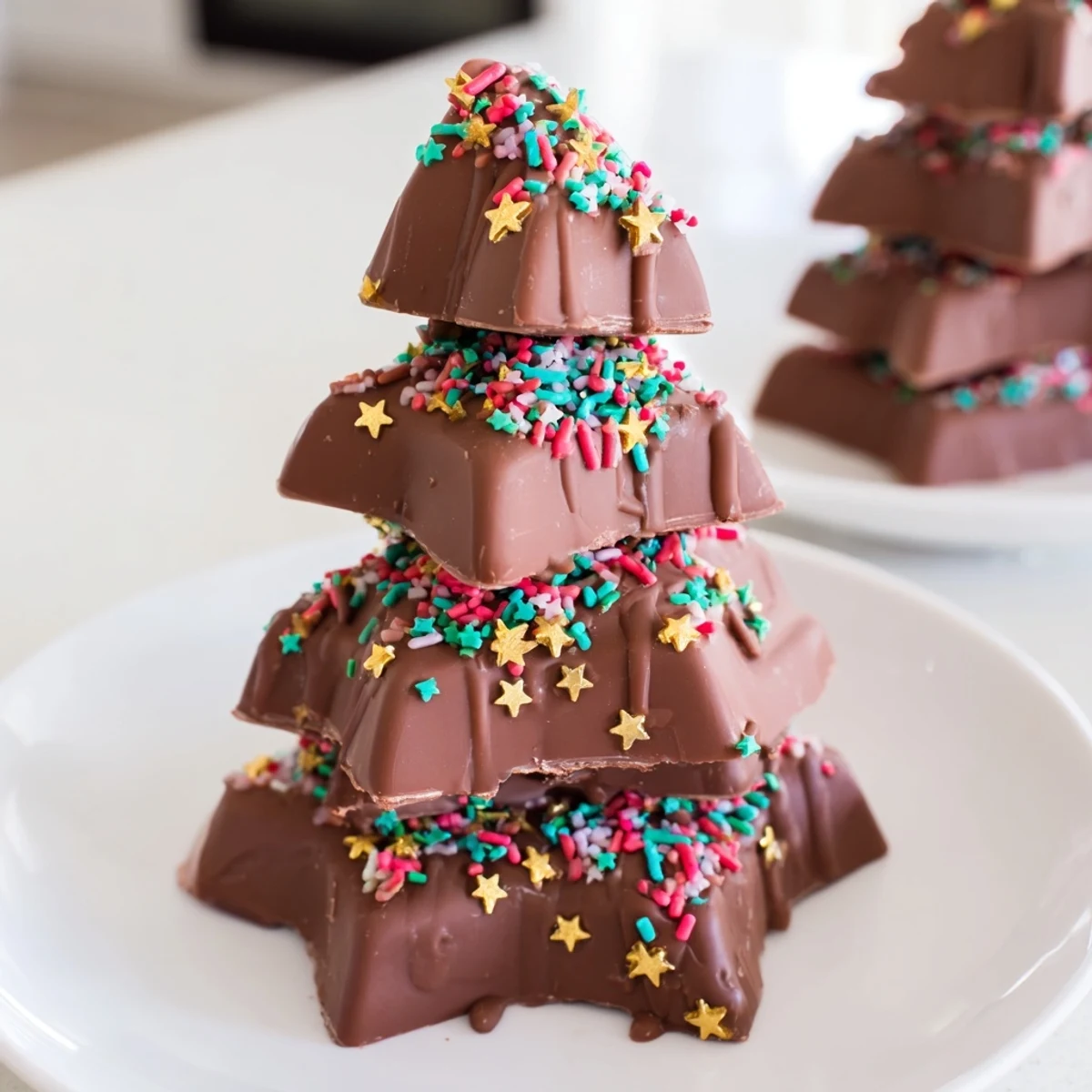 Festive picture shows glistening chocolate Kinder Christmas Trees, ready for holiday dessert enjoyment.