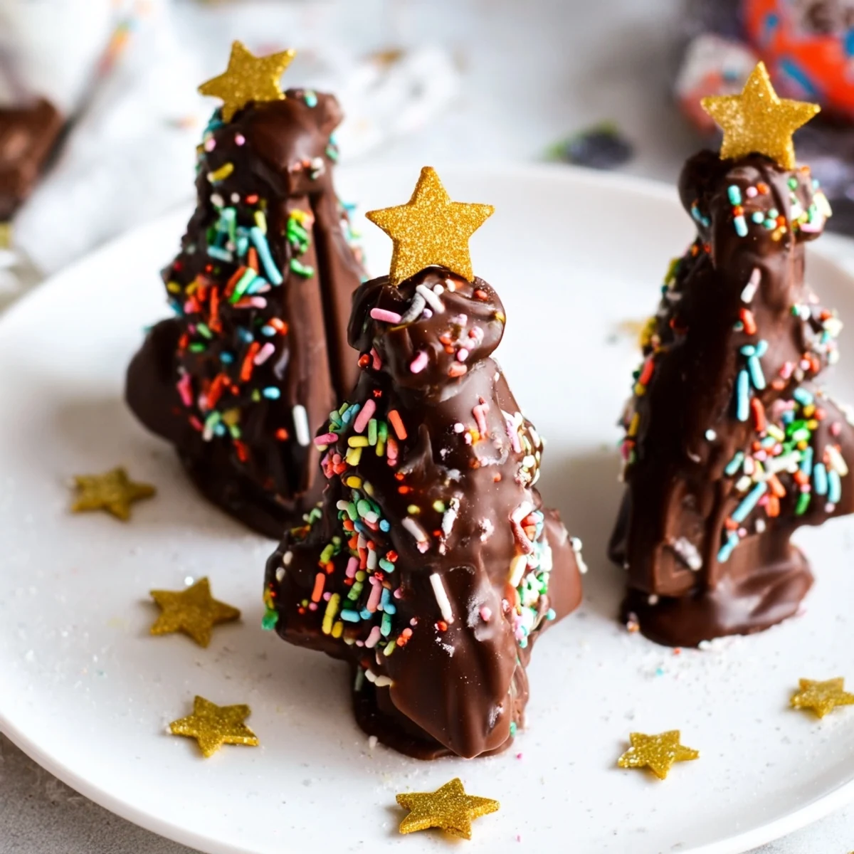 Homemade chocolate Kinder Christmas Trees, a delightful dessert with melted chocolate and festive decorations on a tray.