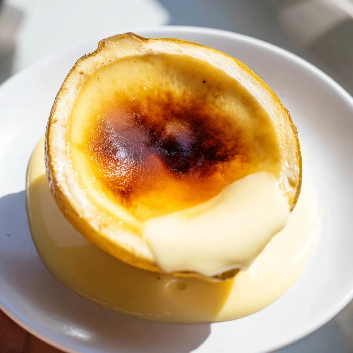 Lemon Brûlée Posset in scooped lemon shells, topped with a crisp caramelized sugar crust, perfect dessert.