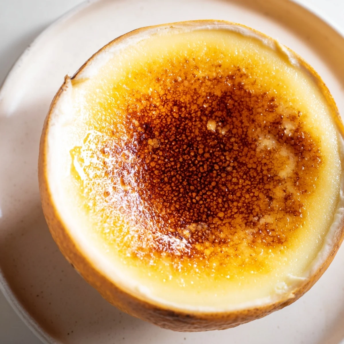 Silky, rich Lemon Brûlée Posset with a golden, crackling caramelized top, ready to serve and enjoy.