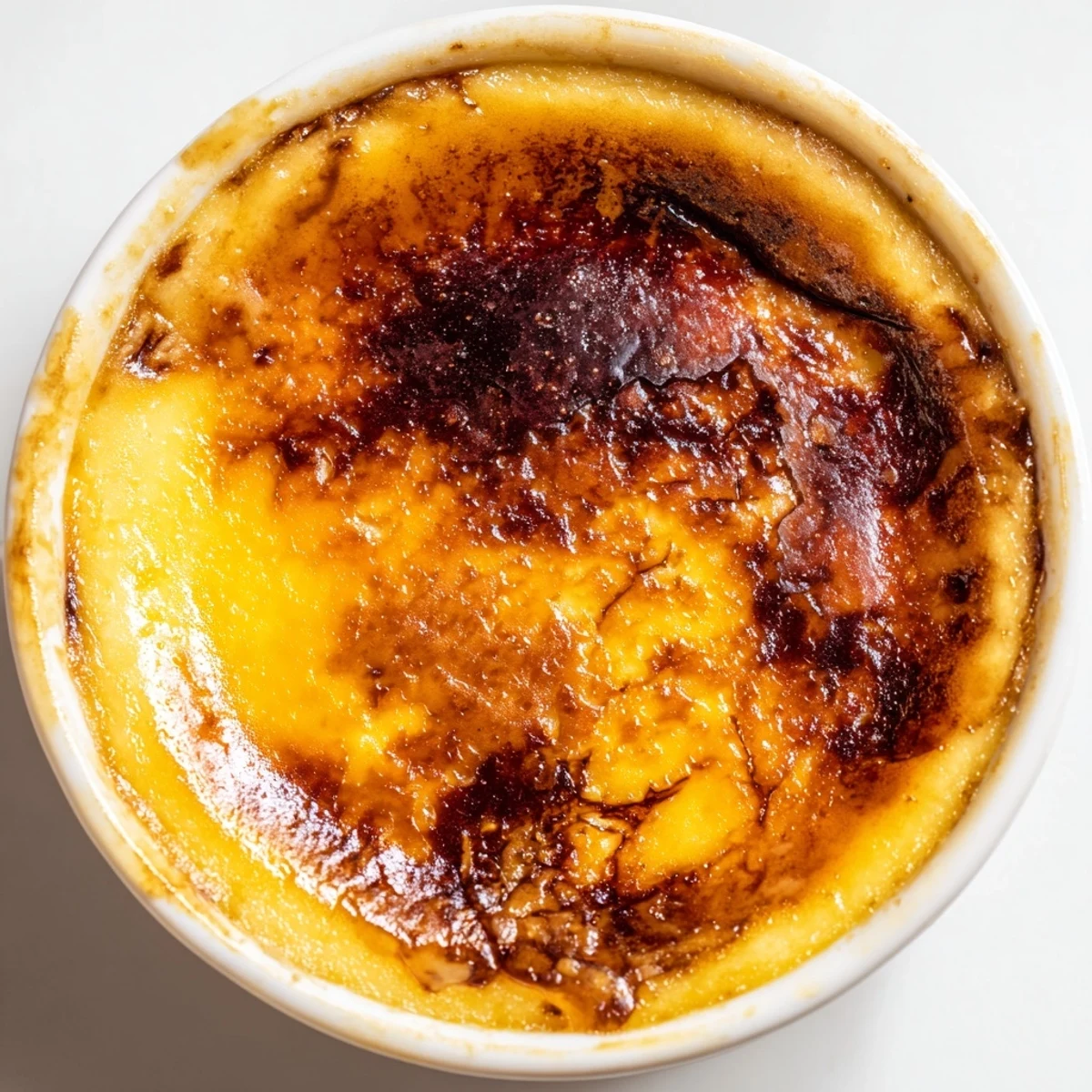 Golden, crackled topping on smooth 3-Ingredient Crème Brûlée, a decadent French dessert.