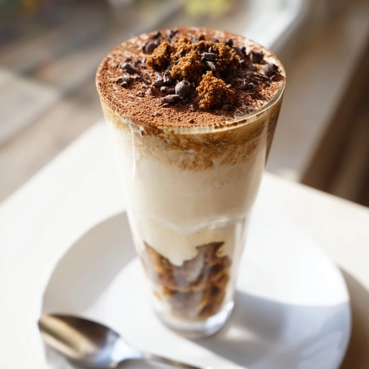 Steaming Tiramisu Latte with layers of espresso-soaked biscuit, creamy mascarpone and cocoa powder.