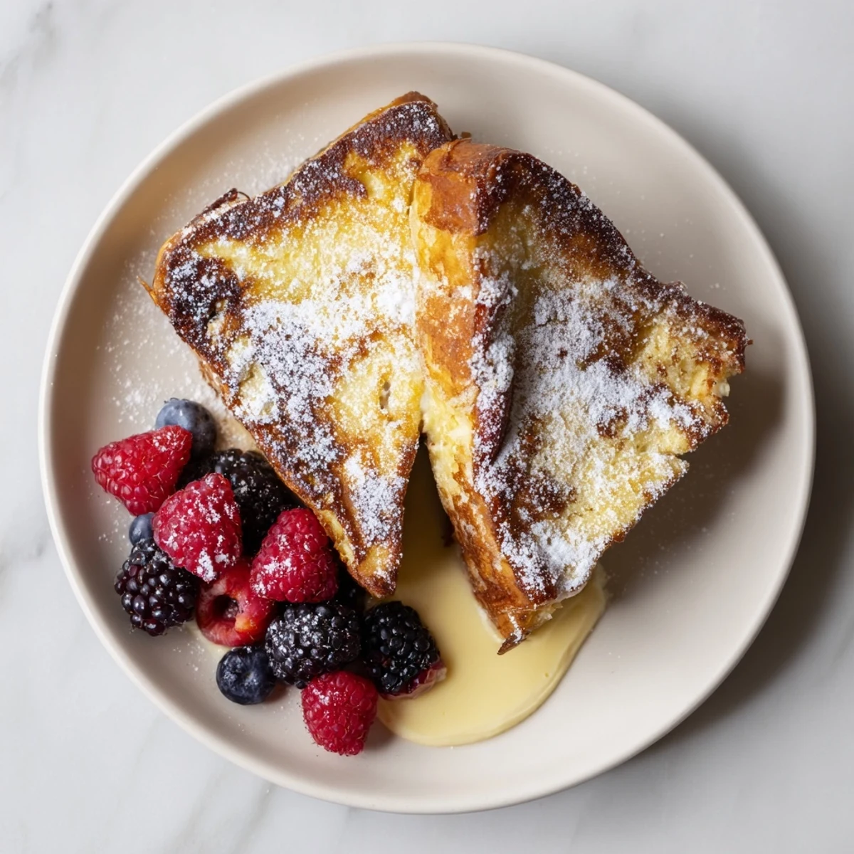 Golden, caramelized Ice Cream French Toast, ready for a brunch treat with fresh berries and syrup.