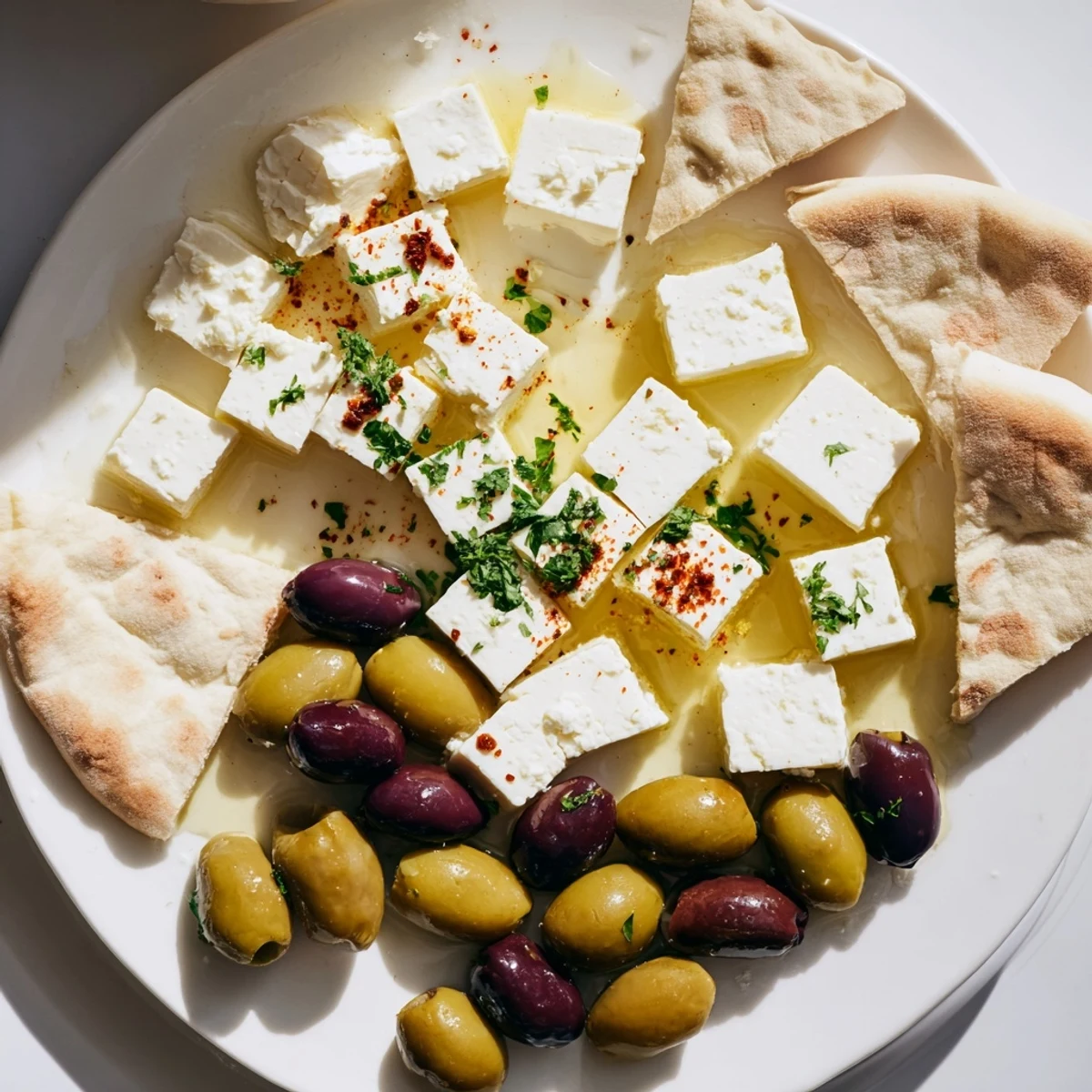 Golden pita bread alongside a delightful Turkish Olives & Cheese Board, perfect for sharing and dipping.