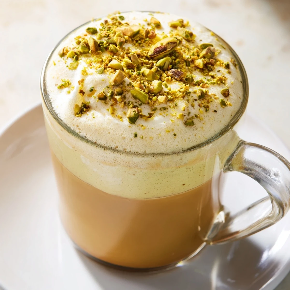 Fluffy cold foam topping a rich Pistachio Latte, a smooth, dreamy coffee beverage.