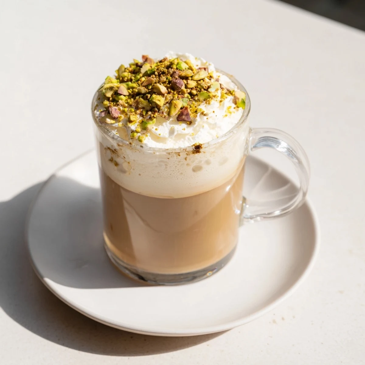 Enjoy a velvety Pistachio Latte, a delightful café drink topped with chopped pistachios.
