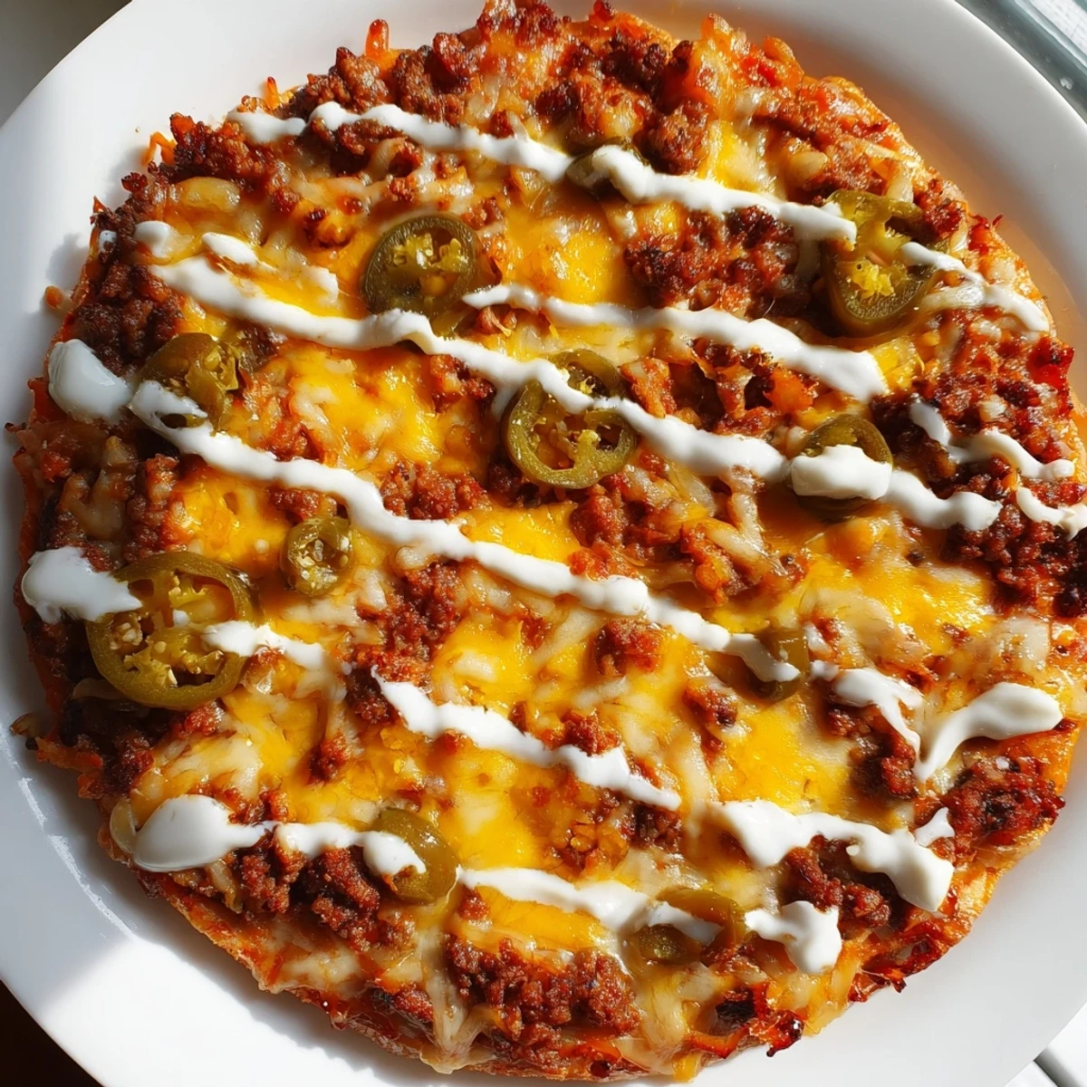 Ground Beef Taco Pizza: A beautifully baked pizza topped with savory ground beef and melted cheese.