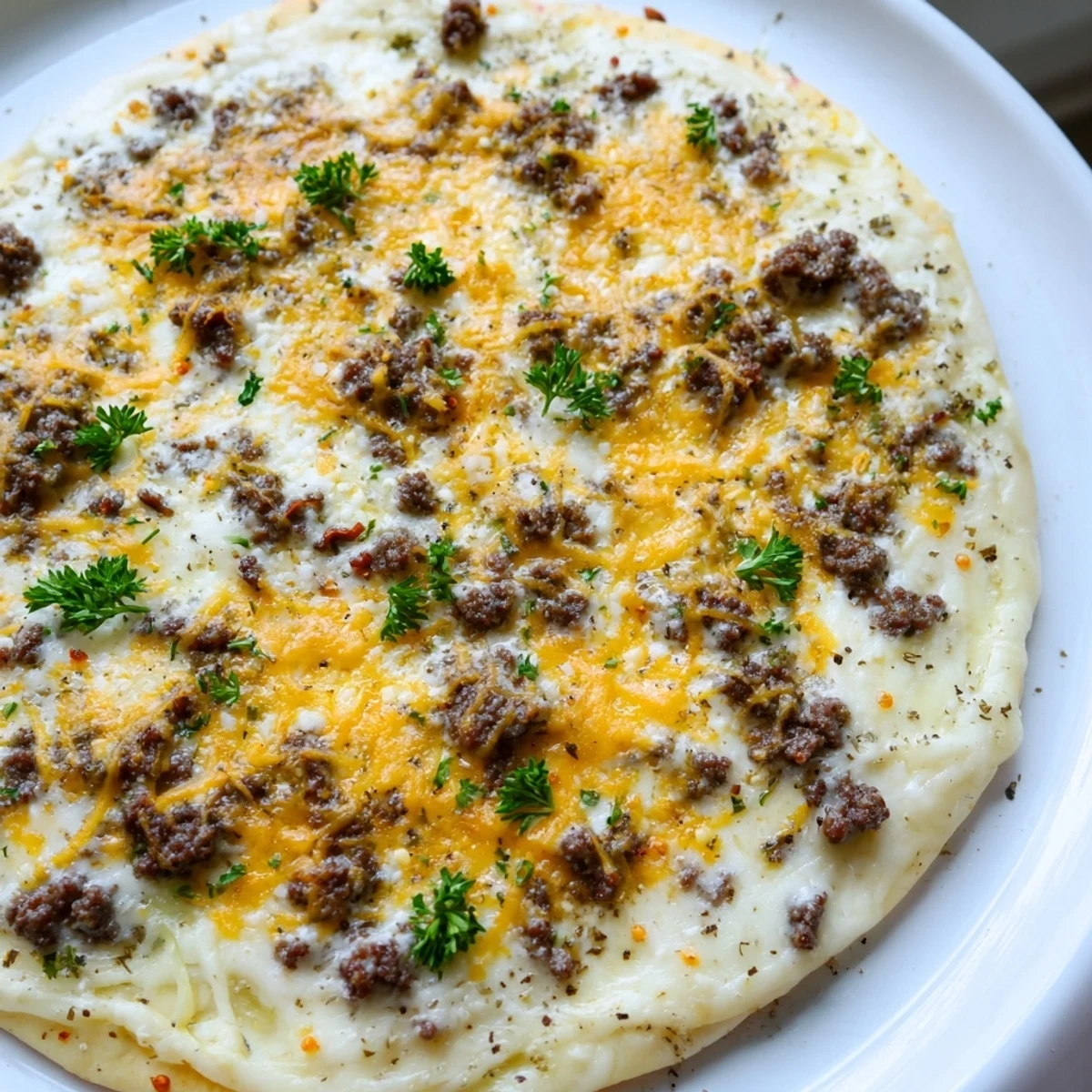 Ground Beef Alfredo Pizza, steaming hot with melted mozzarella, ready to slice and enjoy.