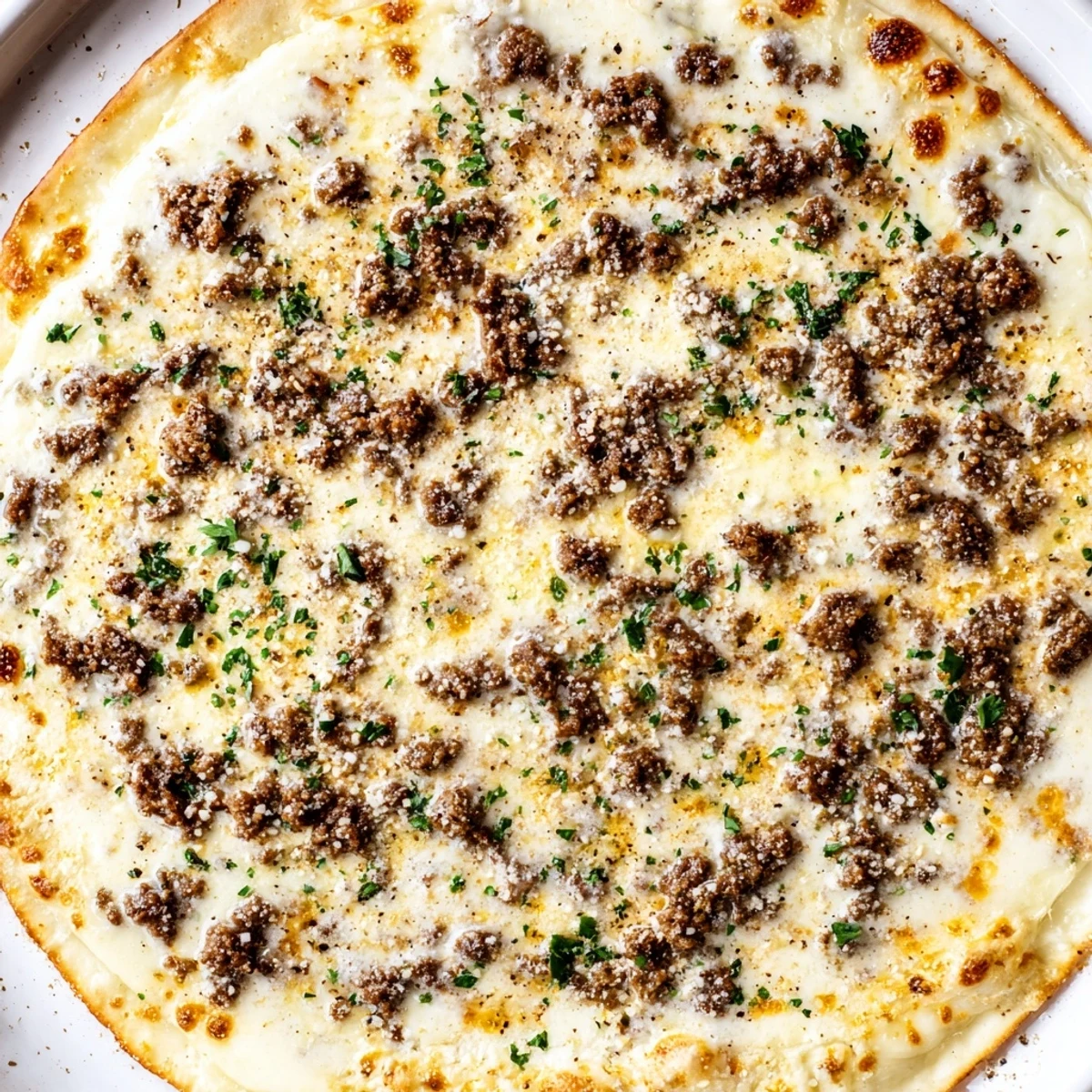 Homemade Ground Beef Alfredo Pizza, showcasing a golden crust and a creamy Alfredo sauce, perfect for dinner.