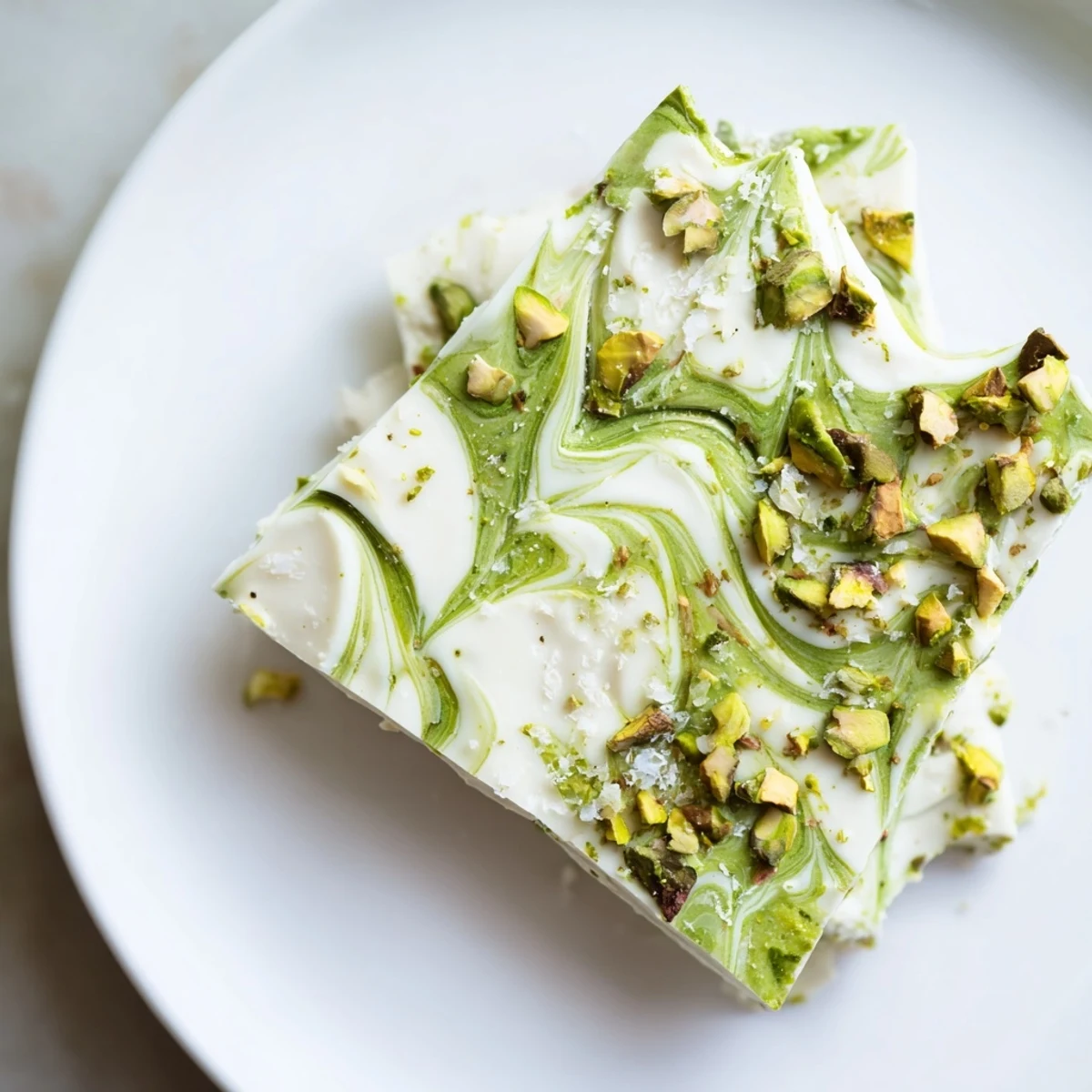 Melting white chocolate tempered to a perfect gloss featuring delightful Pistachio Matcha White Chocolate dessert pieces.