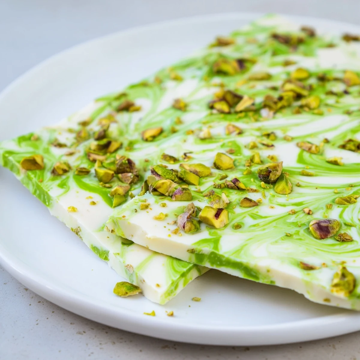 Vibrant green matcha swirls mix with pistachios on the Pistachio Matcha White Chocolate bark's creamy white surface.