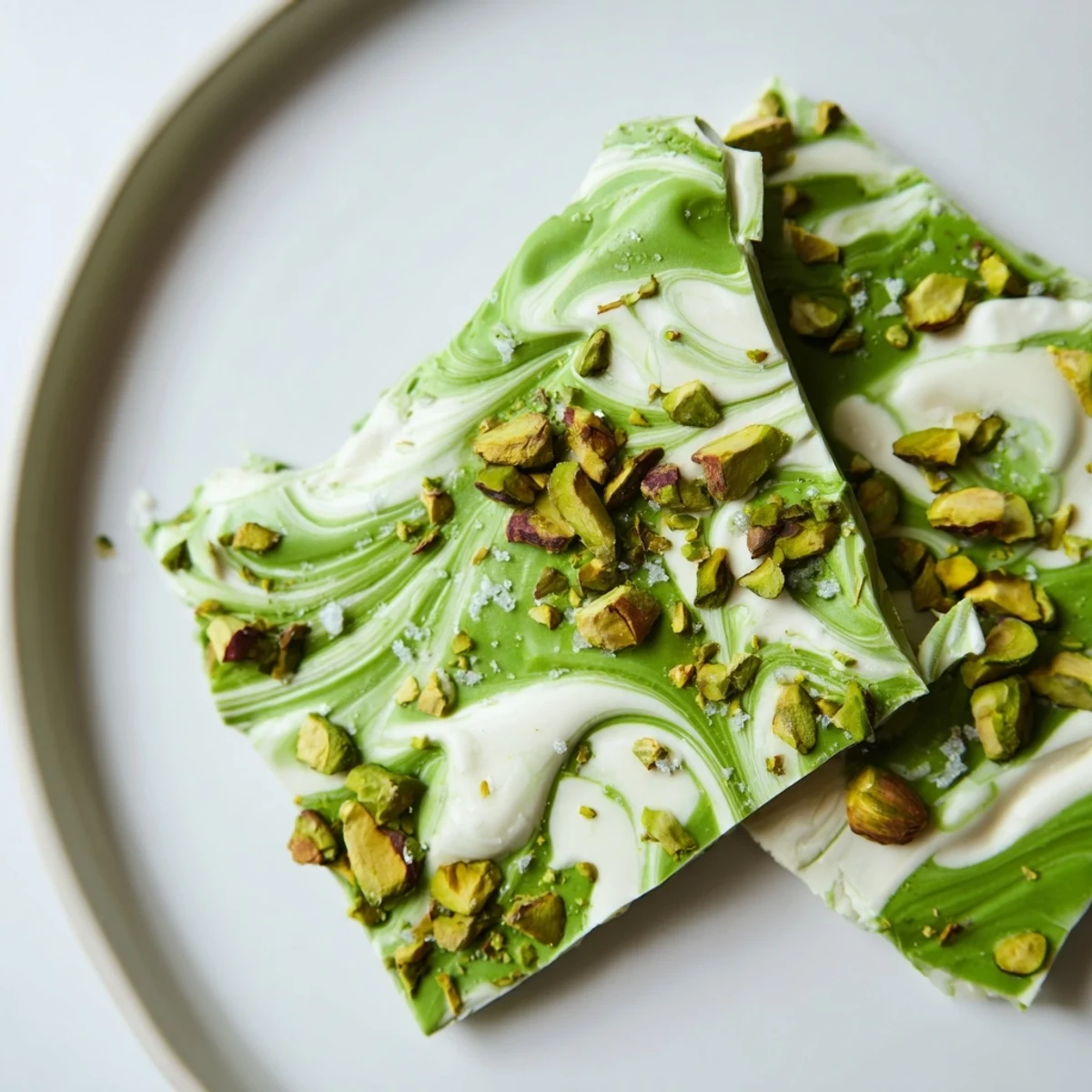 Roughly chopped pistachios top a beautiful Pistachio Matcha White Chocolate bark, inviting you to enjoy this treat.