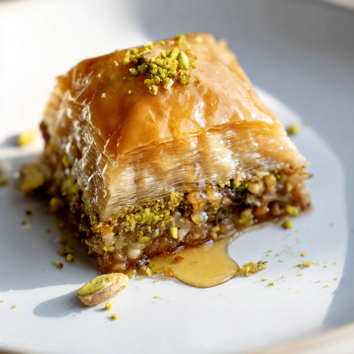 Golden, flaky Turkish Hazelnut & Pistachio Baklava, generously drizzled with sweet honey syrup for serving.