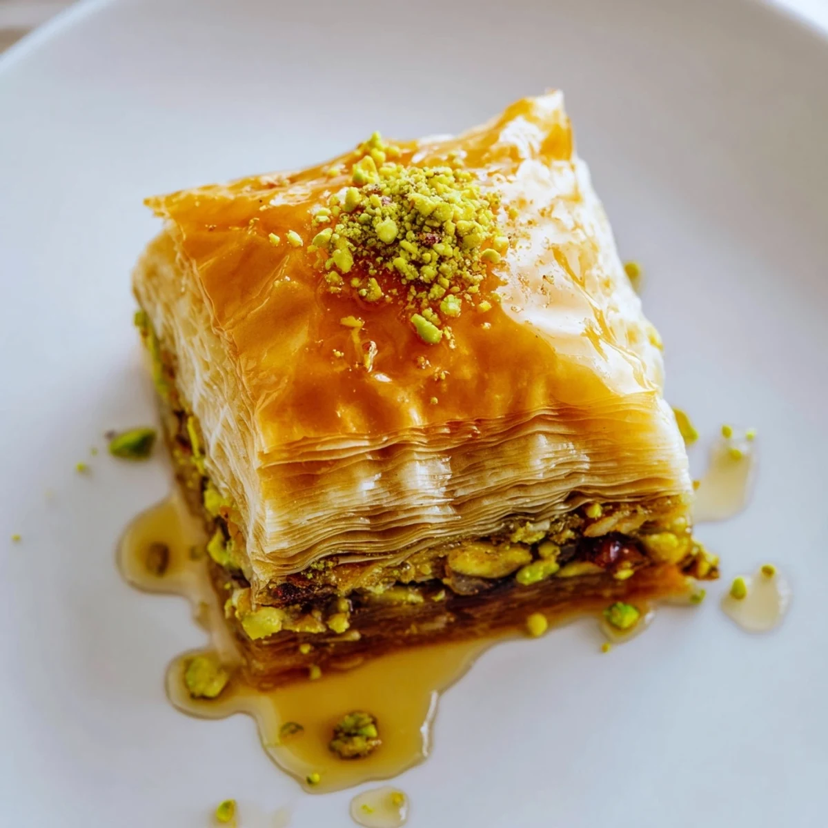 Close-up of Turkish Hazelnut & Pistachio Baklava: layers of nuts and phyllo pastry, baked golden brown.