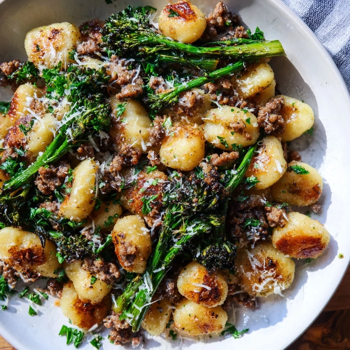 Golden, crispy Sheet Pan Gnocchi Bake with savory sausage and tender broccolini, finished with melted Parmesan and fresh basil.