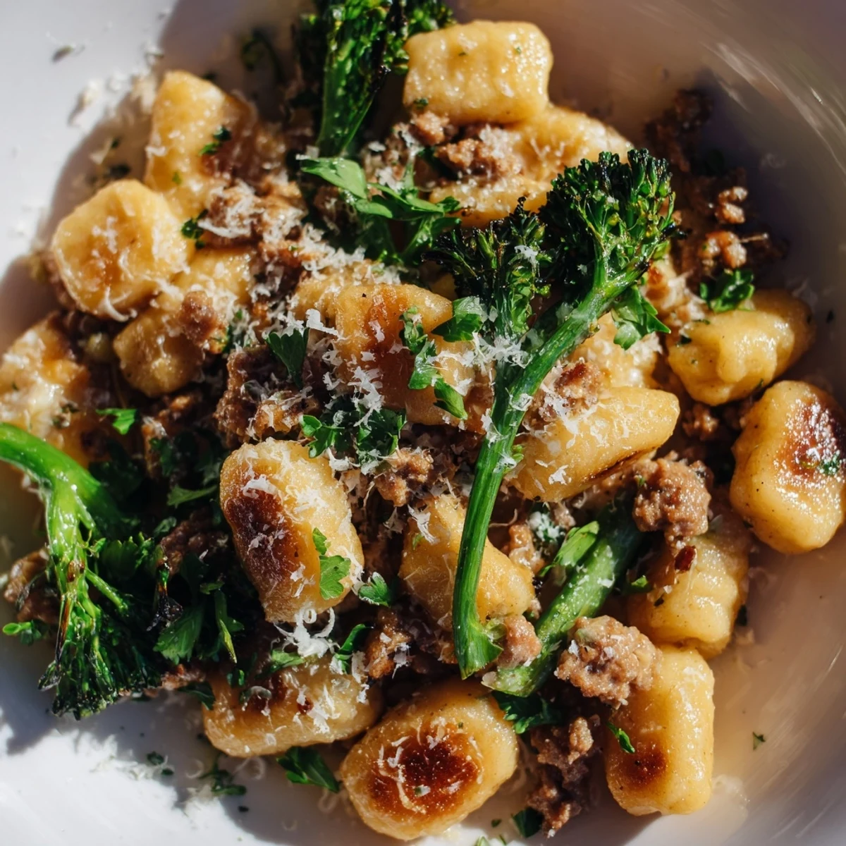 A close-up of the easy Sheet Pan Gnocchi Bake, highlighting golden gnocchi, charred broccolini, and sausage with a Parmesan finish.