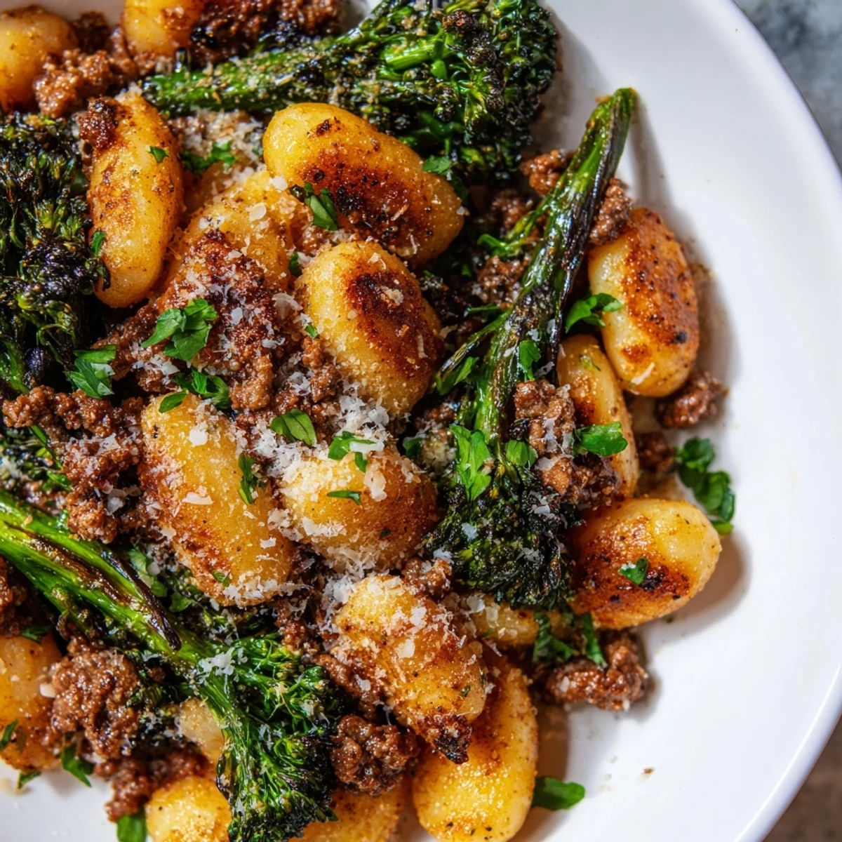 The Sheet Pan Gnocchi Bake features roasted gnocchi, Italian sausage, and broccolini, served hot from the oven on a baking sheet.