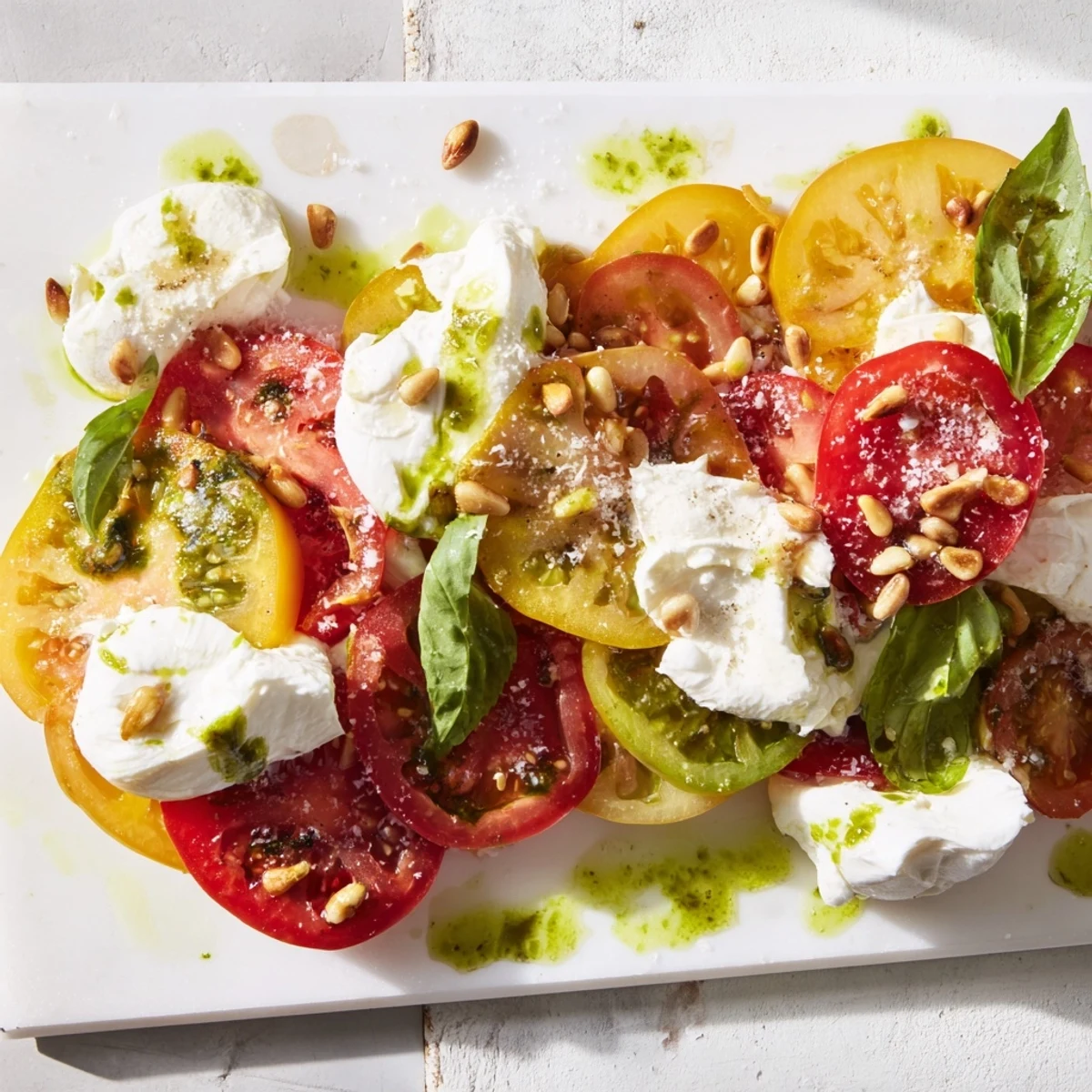 Artfully arranged Heirloom Tomato Salad Board with creamy burrata and fragrant basil oil, perfect for sharing.