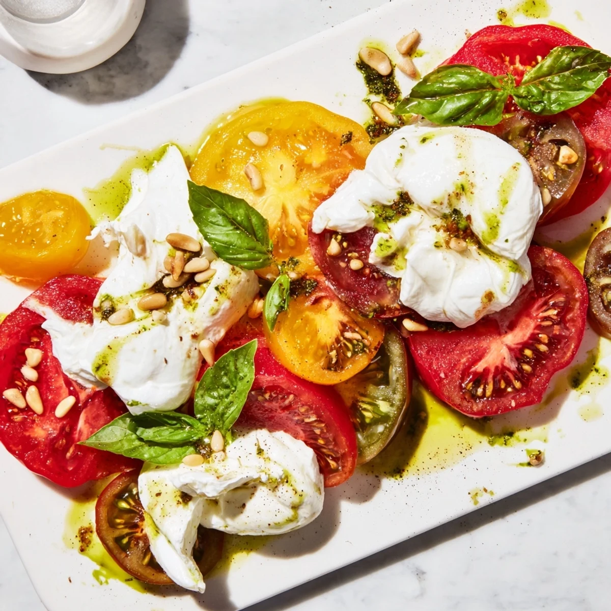 Sliced heirloom tomatoes and fresh burrata drizzled with basil oil, served with crusty bread for dipping.