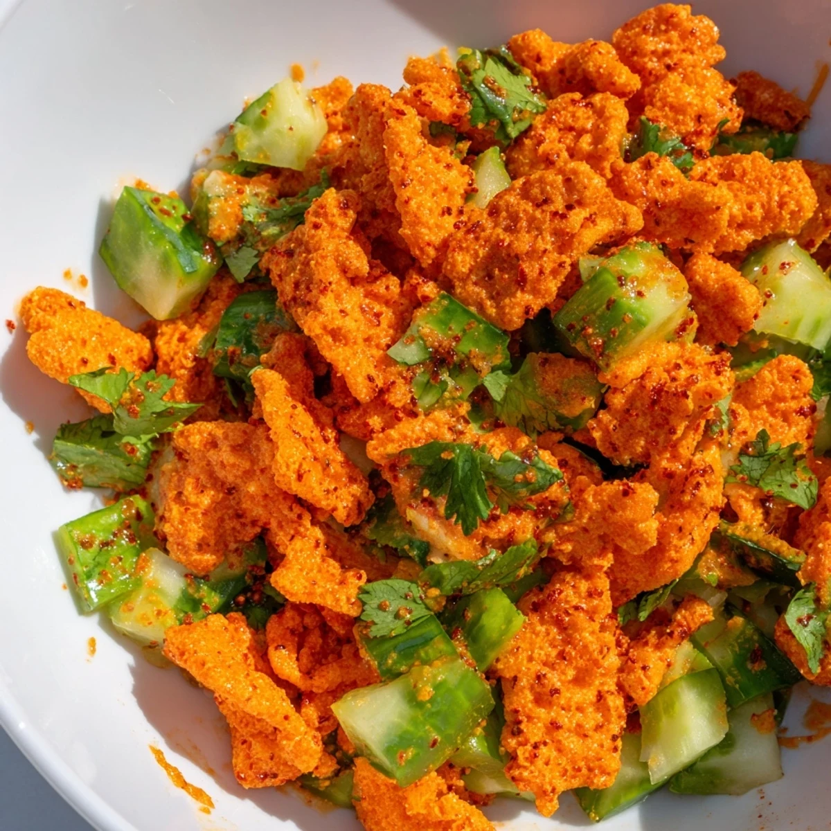 A close-up of crunchy Flamin Hot Cheeto Salad, serving two as a spicy snack or bold vegetarian side.