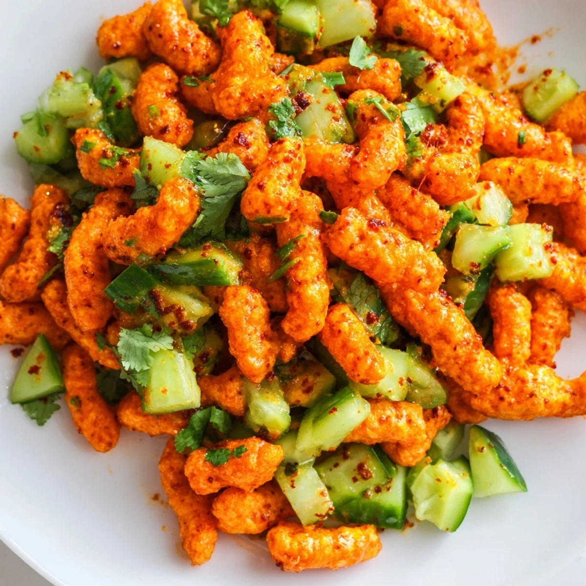 Bright red Flamin Hot Cheeto Salad with diced cucumber and fresh cilantro tossed in a zesty lime-hot sauce dressing.