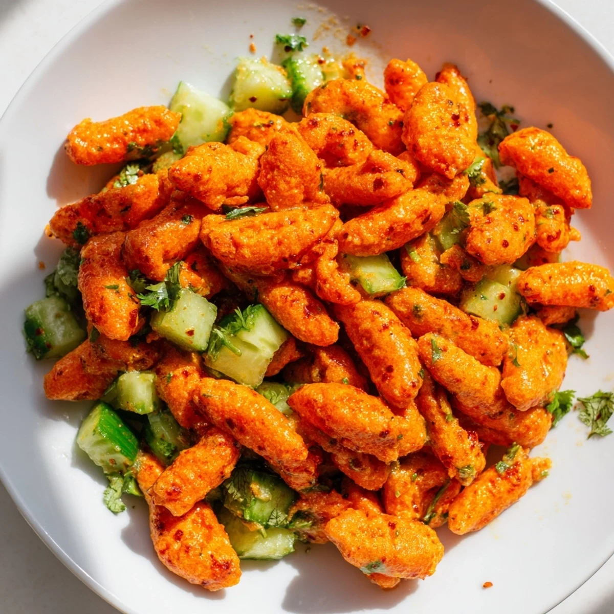 Freshly tossed Flamin Hot Cheeto Salad featuring crisp cucumber, cilantro, and a vibrant lime-hot sauce, perfect for game day.