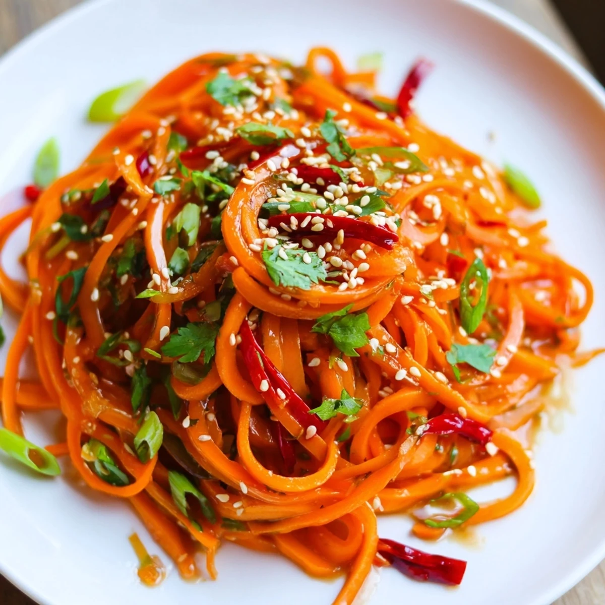 Tangled carrot ribbons in an Asian-style carrot ribbon salad glisten with soy-sesame dressing and toasted sesame seeds, ready to serve.