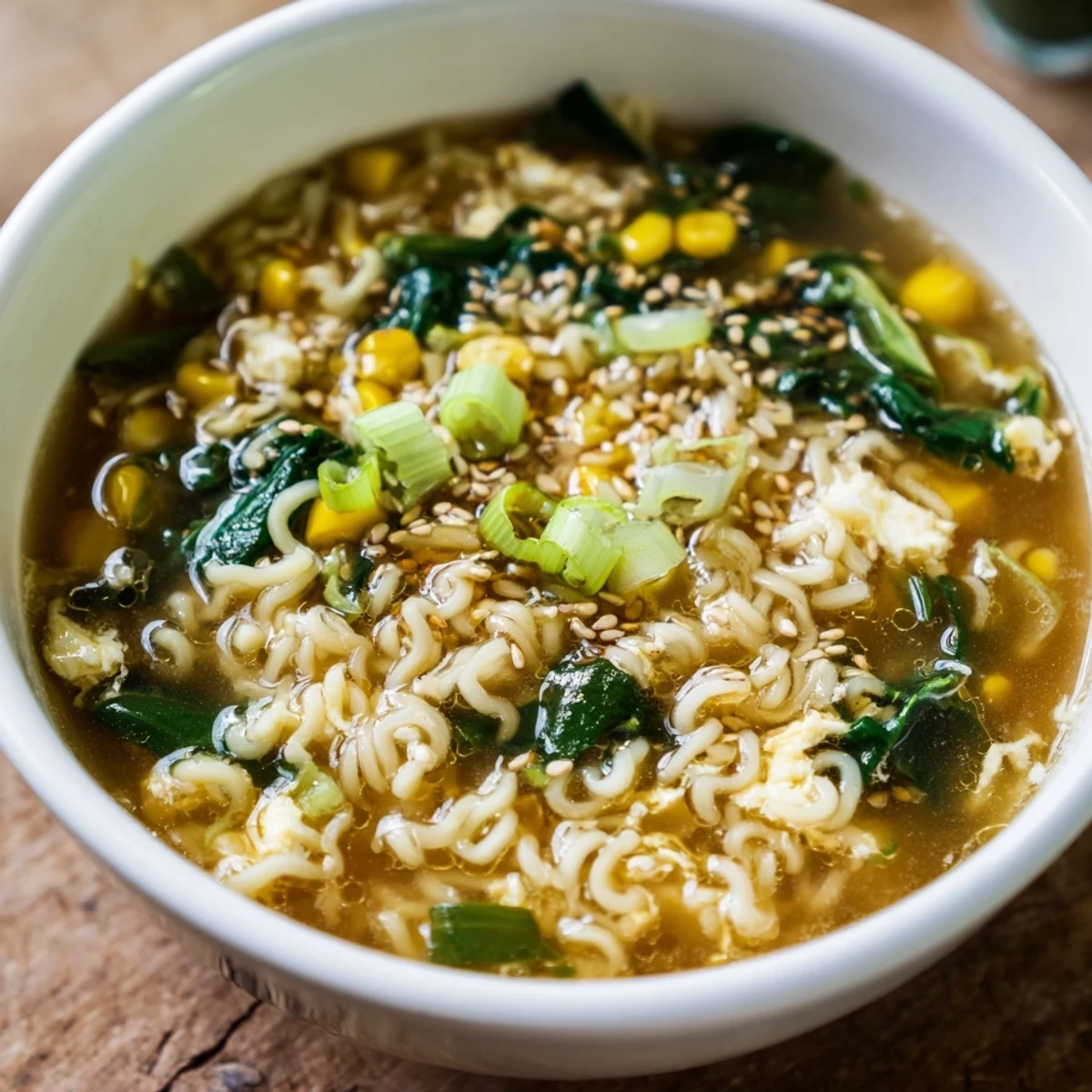 Creamy, silky Elevated Ramen Egg Drop Soup with tender noodles, ribbons of egg, and fresh scallions in a steaming bowl.  