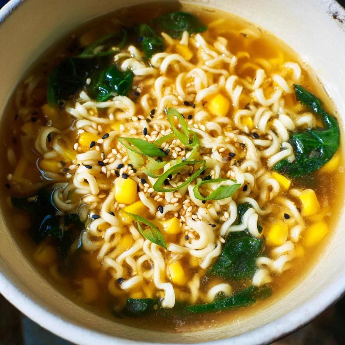 Quick Elevated Ramen Egg Drop Soup in a rustic kitchen setting, garnished with scallions and black pepper for a weeknight meal.